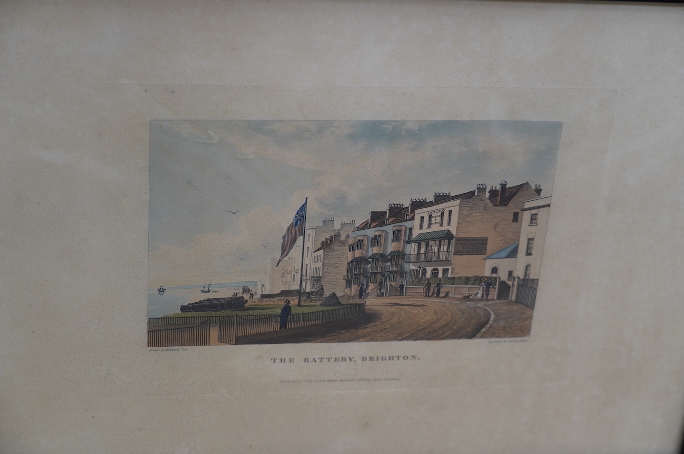 Four 19th century, hand coloured engravings, Brighton views including ‘East Cliff, Brighton, Storm Approaching’, published by C & R Sicklemore, and ‘The Battery, Brighton’, 32 x 48cm. Condition - poor